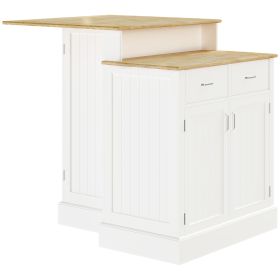 Kitchen Island with 2-Level Rubber Wood Tabletop, Island Table with Adjustable Shelves and Drawers, White