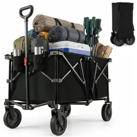 Black 400 Lbs Heavy-Duty Collapsible Wagon Cart With All-Terrain Wheels, 180L Capacity Folding Utility Cart For Camping Shopping
