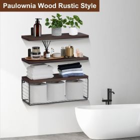 2 In 1 Floating Shelves Wall Mounted With Storage Basket Bathroom Shelves Over Toilet Wooden Shelves For Bedroom Living Room Kitchen Office Wall Decor