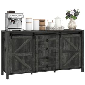 60" Buffet Cabinet, Farmhouse Sideboard with Sliding Barn Doors, Drawers and Adjustable Shelves, Distressed Dark Gray