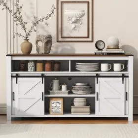 U_STYLE 59.3''Sideboard With Sliding Barn Door And Mesh Panels,Farmhouse Buffet With Open Storage,Suitable For Living Room, Hallway, Balcony,Kitchen,