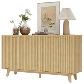 Fluted Sideboard Buffet Cabinet, 55" Coffee Bar Cabinet with 4 Doors, 2 Adjustable Shelves, 5 Wood Legs, Oak