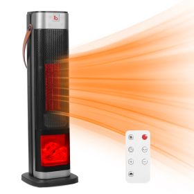 1Pc 1500W Oscillating Ceramic Tower Space Heater With 3D Flame Portable Electric Heater With 3 Wind Mode Heating Remote Control 12H Timer Overheat Tip