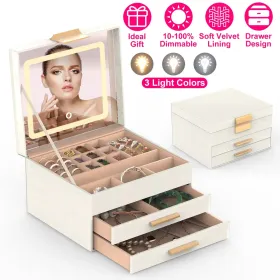 Jewelry Box With LED Mirror 3-Layer Jewelry Organizer With 2 Drawers PU Jewelry Holder With 3 Mirror Light Colors Dimmable For Earrings Rings Bracelet