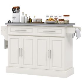 Rolling Kitchen Island with Stainless Steel Top, 2 Drawers, Spice, Knife and Towel Rack and Cabinets, Cream White