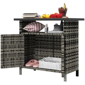Wicker Outdoor Storage Cabinet With Two Doors And Shelf For Outdoor Pool Towel Storage, Mixed Gray