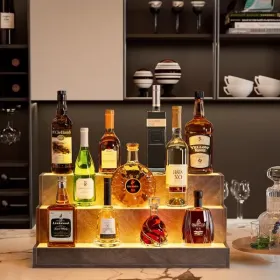 LED Lighted Liquor Bottle Display Shelf, 24 Inch Bar Display Shelf, DIY Illuminated Bottle Shelf With App & Remote Control, 3 Step Freestanding Holdin