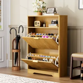 Shoe Cabinet Storage For Entryway Hidden Shoes Storage Cabinet With 2 Flip Drawers, Tall Free Standing Shoe Organizer Rack For Foyer, Hallway. Natural