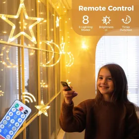Ramadan Solar Icicle Lights,Outdoor Waterproof Moons Stars Curtain Window String With 8 Modes Timer Remote,USB Rechargeable Connectable Warm White Han (Option: 1pcs)