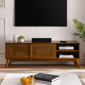 59 Inch Mid Century Modern Rattan TV Stand For 65 Inch TV, Entertainment Cabinet, Media Console For Living Room Media Room, Solid Wood Feet & Rattan C (Option: Brown Ebony)