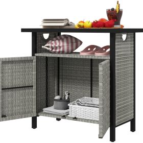 Outdoor Pool Towel Storage Cabinet Organizer, Outdoor Bar Table With Shelf And Cabinet, Pool Towel Holder Pool Valet With Weather-Resistant PE Rattan (Option: Gray)