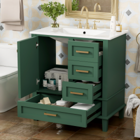 30 Bathroom Vanity , Modern Bathroom Cabinet With Sink Combo Set, Bathroom Storage Cabinet With A Soft Closing Door And 3 Drawers, Solid Wood Frame (Option: Green)