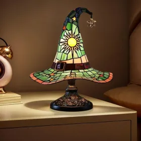 Witch Hat Lamps, Handcrafted Stained Glass Resin Wizard Hat Light Gothic Table Lamp For Halloween Decor, Spooky Night Light For Bedroom And Indoor Par (Option: Green)