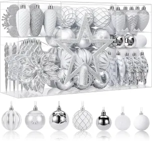 106PCS Christmas Balls Ornaments Set, Colorful Shatterproof Plastic Decorative Baubles For Xmas Tree Decor Holiday Wedding Party Decoration With Hangi (Option: WhiteSilver)
