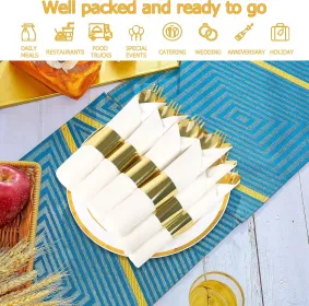 50 Pack Pre Rolled Rose Gold Plastic Silverware Set,Wrapped Plastic Cutlery Set With Napkin Include 50 Forks,50 Spoons,50 Knives And 50 Black Napkins (Option: 100packwhitegold)