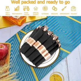 50 Pack Pre Rolled Rose Gold Plastic Silverware Set,Wrapped Plastic Cutlery Set With Napkin Include 50 Forks,50 Spoons,50 Knives And 50 Black Napkins (Option: 75packblackgold)